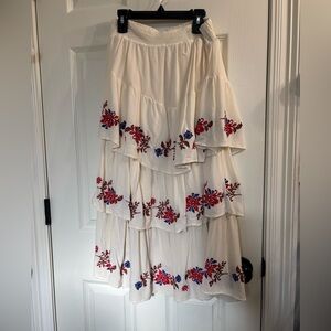 Tiered Cream Maxi Skirt with Red & Blue Floral Embroidery